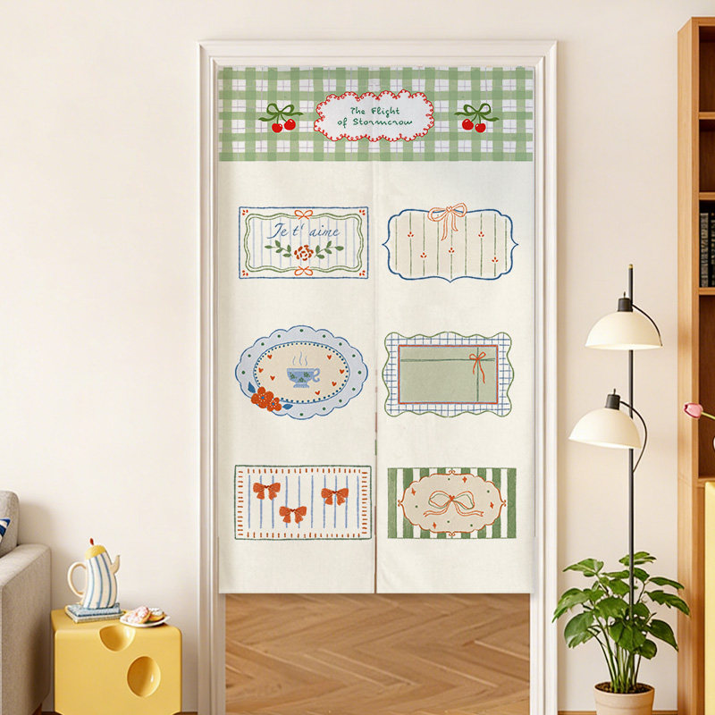 Commercial Window Printing - ม่านประตูแบบฝรั่งเศส VIKAMA ลายตารางสีน้ำเงิน พร้อมรางม่านแบบรูด สำหรับห้องครัว คาเฟ่