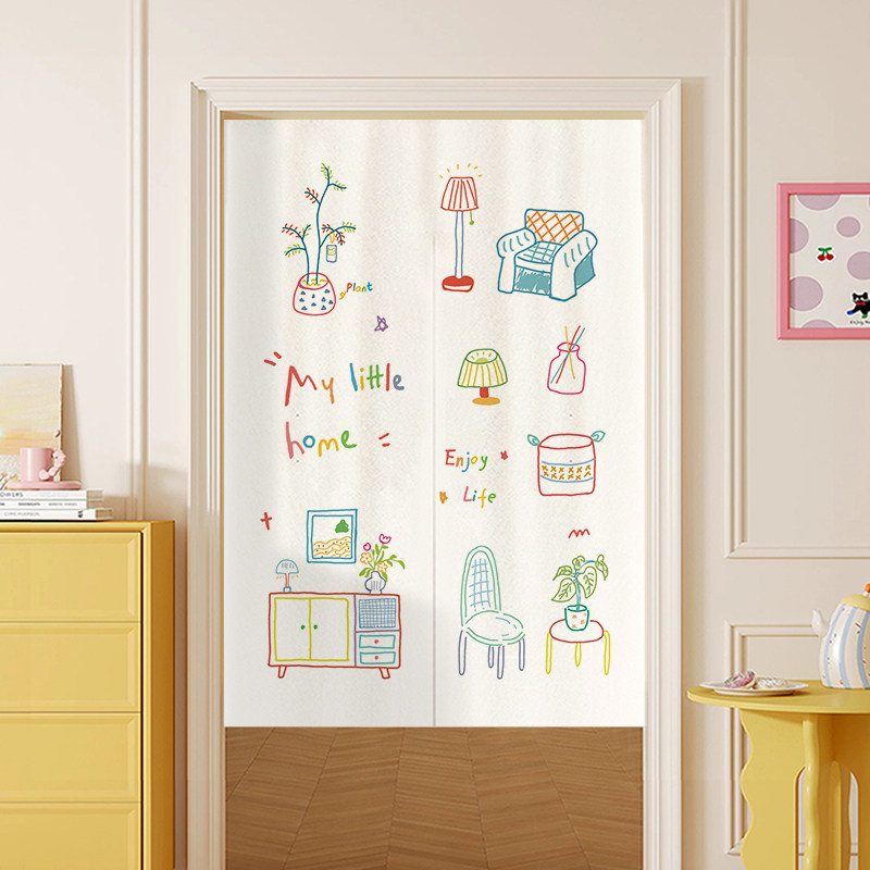 Commercial Window Printing - ม่านประตูโนเร็นลายวาดมือสีสันสดใส VIKAMA พร้อมช่องใส่ราวม่าน สำหรับตกแต่งห้องครัว คาเฟ่ สไตล์มินิมอล