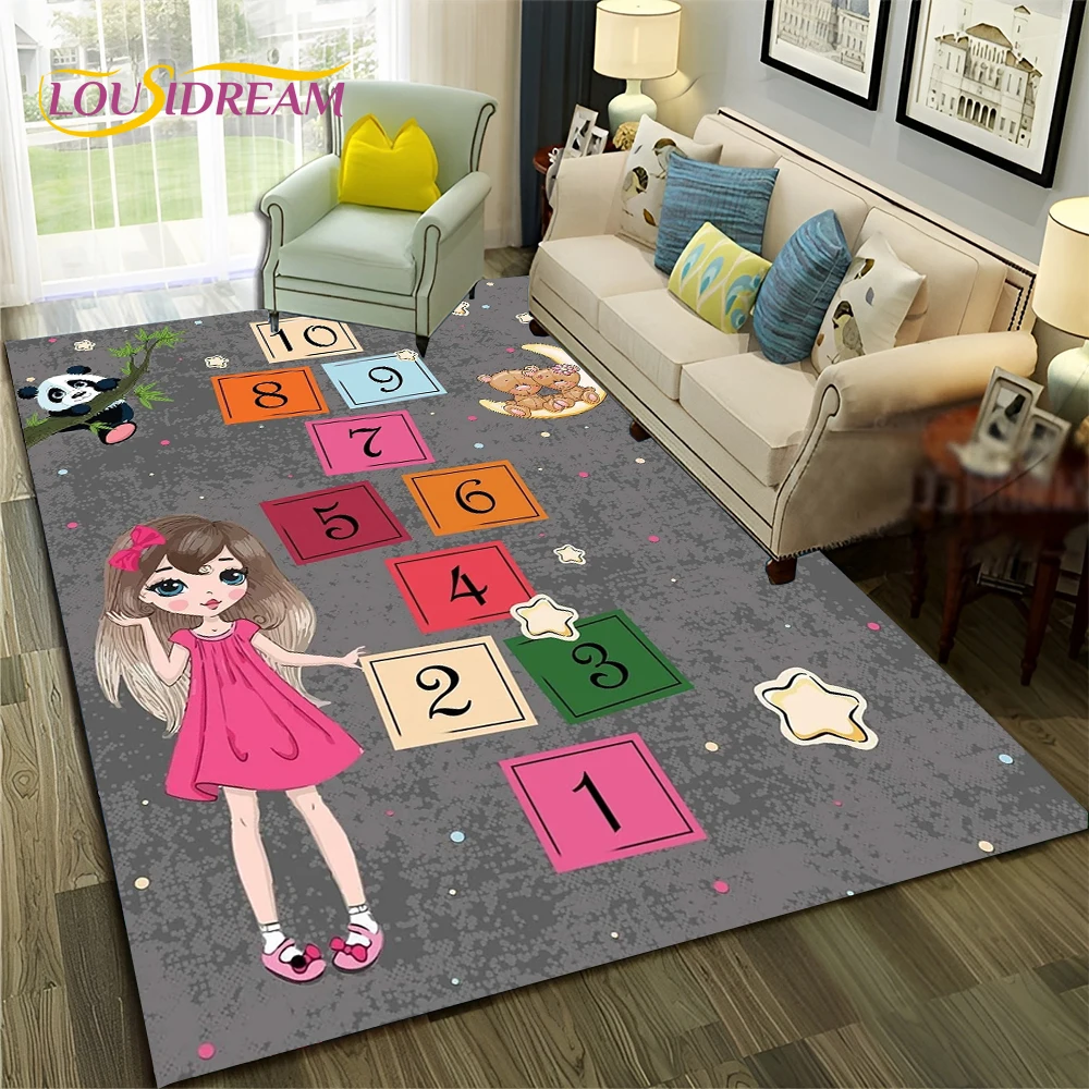 Commercial Digital Printing - 3D Hopscotch เด็กดิจิตอลเกมเด็กผู้หญิงการ์ตูนพรมพรมสําหรับห้องนั่งเล่นโซฟาพรมเช็ดเท้าตกแต่ง, เด็กแผ่นกันลื่น